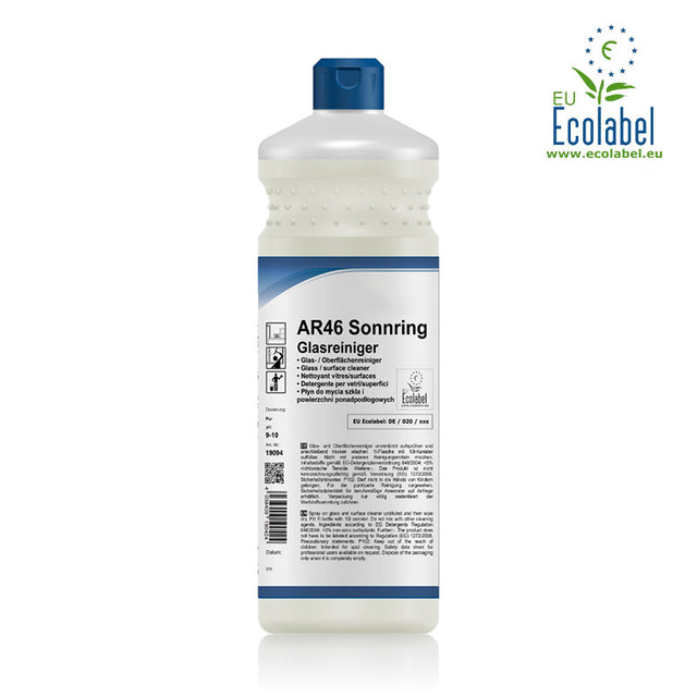Glas- & Oberflächenreiniger mit Ecolabel in einer 1-Liter-Flasche. Umweltfreundlicher, anwendungsfertiger Reiniger mit pH 9–10 für streifenfreie Reinigung von Fenstern, Spiegeln, Glas und weiteren wasserbeständigen Oberflächen.