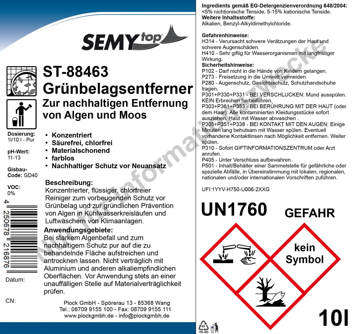 Grünbelagsentferner, konzentriert und chlorfrei, 10 Liter