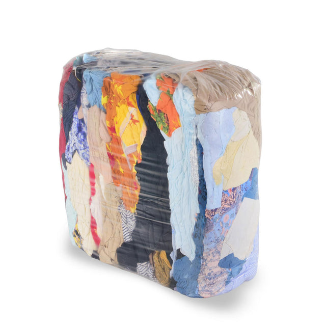 10-kg-Ballen mit bunten Katun-Putzlappen aus robustem Baumwollgewebe – saugfähig, reissfest und ideal für Werkstatt und Industrie.