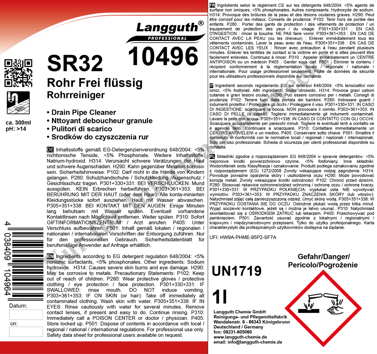 Rohr- und Abflussreiniger Extra Stark, beseitigt Gerüche und Verstopfungen, pH > 12, 1 Liter