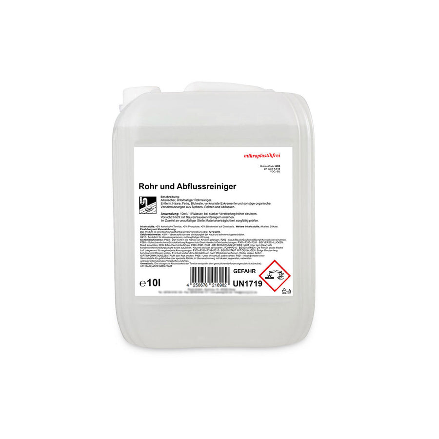 Pipe and drain cleaner, eliminates odors and clogs, pH > 12, 10 liters