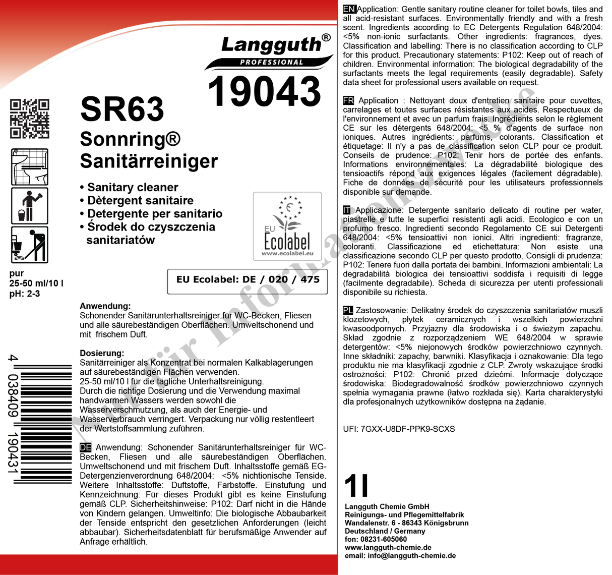 Sanitärreiniger Konzentrat mit Ecolabel, pH 2, Gegen Kalk & Schmutz, 1 Liter