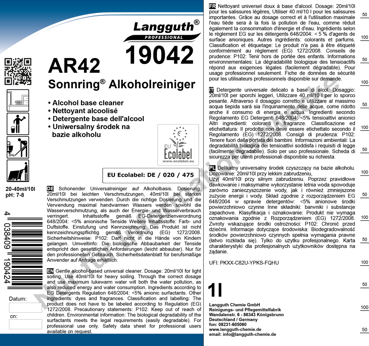 Alkoholreiniger Konzentrat mit Ecolabel, pH 7–8.5, Streifenfrei & Schnelltrocknend, 1 Liter
