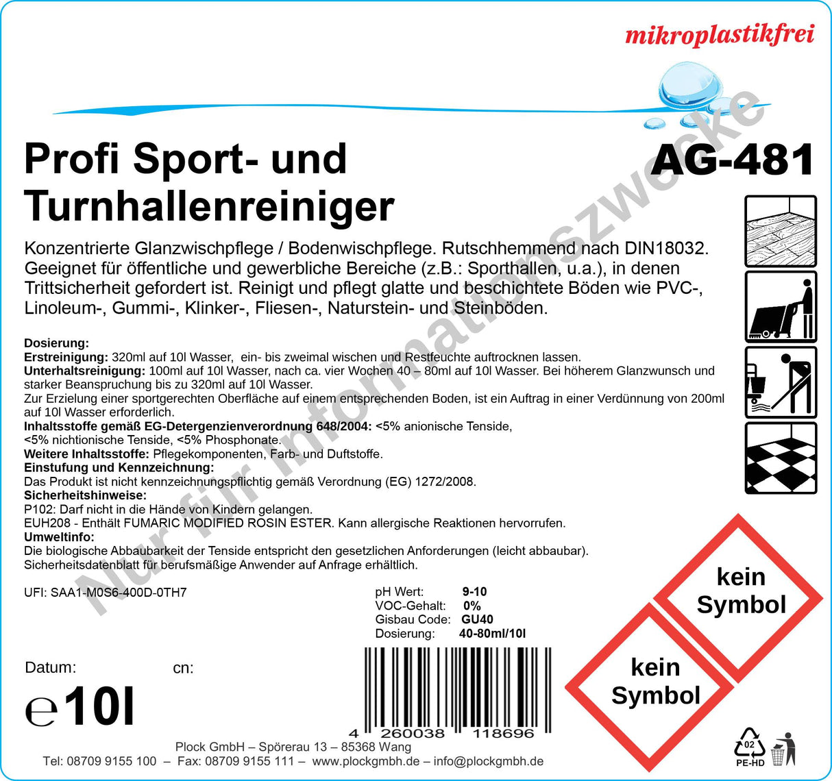 Sport- und Turnhallenreiniger, pH-Wert 10, 10 Liter