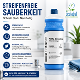 Alkoholreiniger Konzentrat mit Ecolabel (pH 7–8.5) in einer 1-Liter-Flasche. Das Werbebild zeigt den nachhaltigen Profi-Alkoholreiniger mit den wichtigsten Vorteilen: streifenfreie Reinigung, schnelltrocknende Formel, Ecolabel-zertifiziert, ergiebiges Konzentrat sowie vielseitig einsetzbar auf Glas, Edelstahl, Kunststoff, Chrom und weiteren wasserbeständigen Oberflächen.