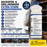 Backofen- & Grillreiniger Konzentrat Extra Stark (pH >13) in einer 1-Liter-Flasche. Das Werbebild hebt die wichtigsten Vorteile hervor: maximale Fettlösekraft gegen eingebranntes Fett und Verkrustungen, hochkonzentrierte Profi-Rezeptur, warm und kalt anwendbar sowie ideal für Backöfen, Grillroste, Konvektomaten und Backbleche.