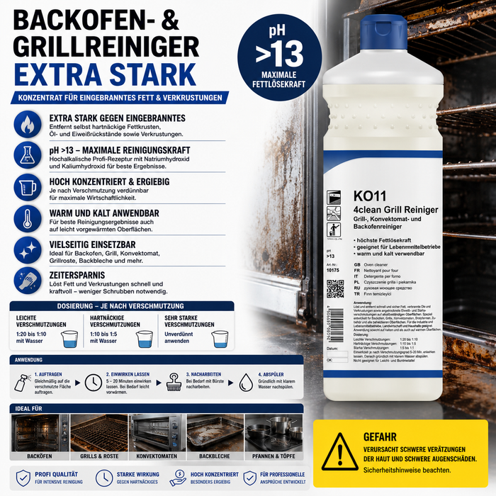 Backofen- & Grillreiniger Konzentrat Extra Stark (pH >13) in einer 1-Liter-Flasche. Das Werbebild hebt die wichtigsten Vorteile hervor: maximale Fettlösekraft gegen eingebranntes Fett und Verkrustungen, hochkonzentrierte Profi-Rezeptur, warm und kalt anwendbar sowie ideal für Backöfen, Grillroste, Konvektomaten und Backbleche.