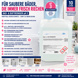 High-Sales-Produktbild des Puricura Bad- & Duftreinigers als 10-Liter-Nachfüllmenge. Das Bild zeigt die wichtigsten Vorteile: anwendungsfertig ohne Verdünnen, pH 3 für die tägliche Reinigung, entfernt Seifenreste, Wasserflecken und leichte Kalkablagerungen, sorgt für streifenfreien Glanz und hinterlässt einen angenehm frischen Duft, der auch Stunden nach der Reinigung anhält. Ideal für Hotels, Unternehmen, Reinigungsfirmen sowie stark frequentierte Sanitärbereiche.