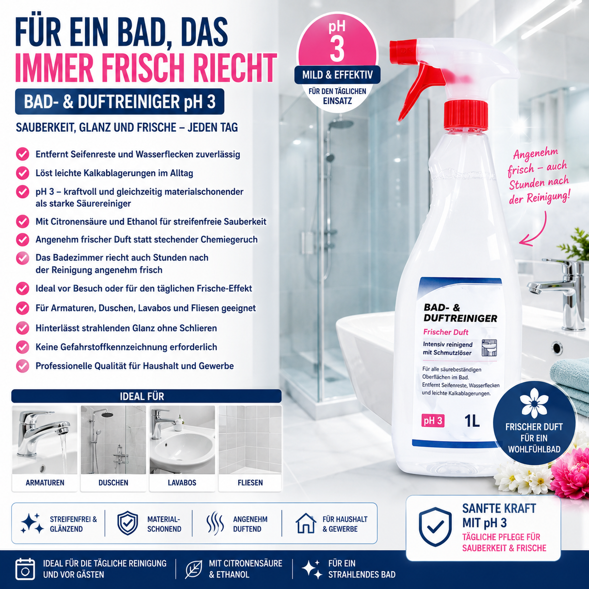 Produktbild des Puricura Bad- & Duftreinigers (1 Liter). Das Bild zeigt die wichtigsten Vorteile: pH 3 für die tägliche Badreinigung, entfernt Seifenreste, Wasserflecken und leichte Kalkablagerungen, sorgt für streifenfreien Glanz und hinterlässt einen angenehm frischen Duft, der auch Stunden nach der Reinigung anhält. Ideal für Armaturen, Duschen, Lavabos und Fliesen.