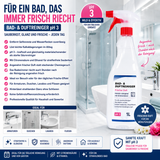 Produktbild des Puricura Bad- & Duftreinigers (1 Liter). Das Bild zeigt die wichtigsten Vorteile: pH 3 für die tägliche Badreinigung, entfernt Seifenreste, Wasserflecken und leichte Kalkablagerungen, sorgt für streifenfreien Glanz und hinterlässt einen angenehm frischen Duft, der auch Stunden nach der Reinigung anhält. Ideal für Armaturen, Duschen, Lavabos und Fliesen.