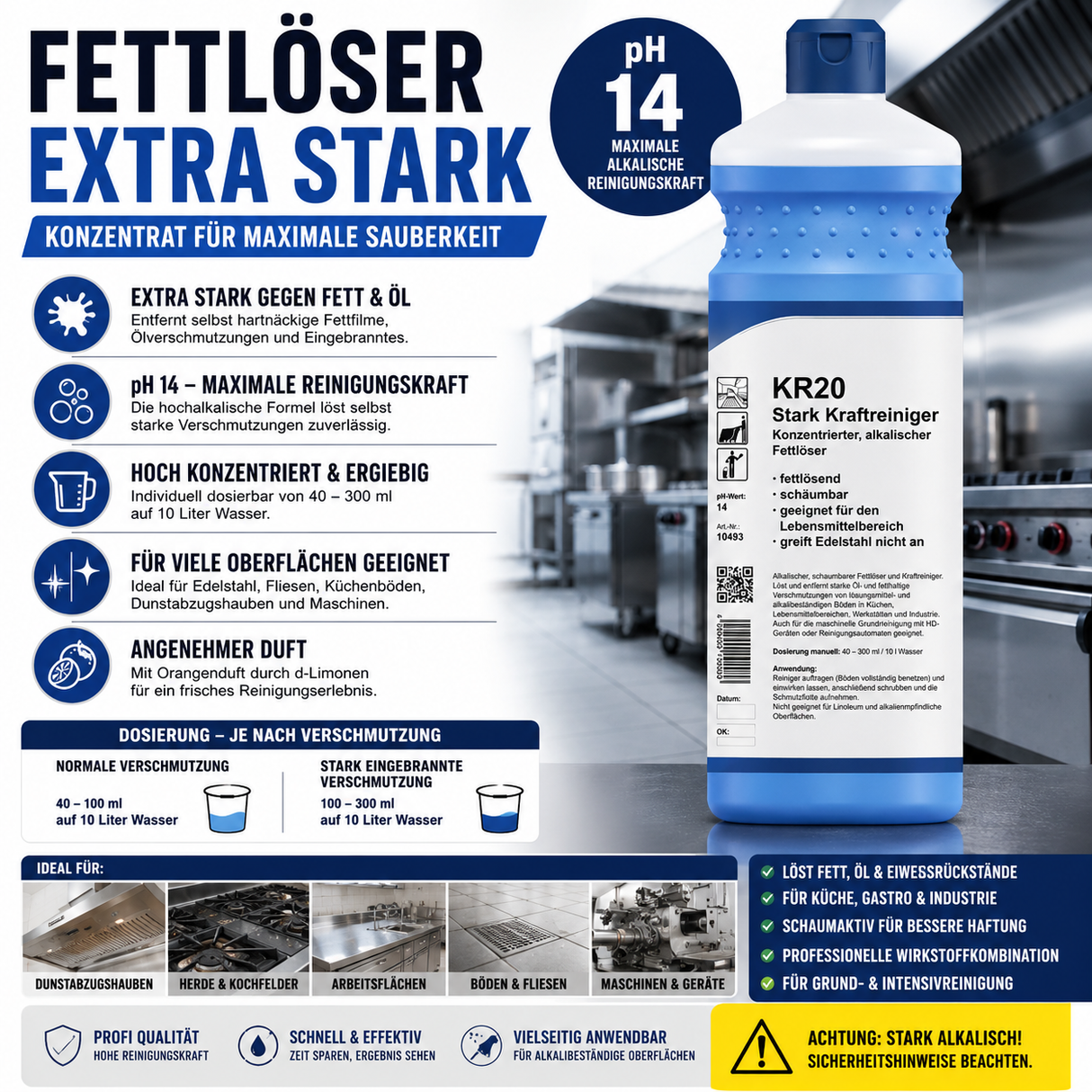 Fettlöser Konzentrat Extra Stark, pH 14, Profi-Kraftreiniger gegen Fett, Öl & Eingebranntes, 1 Liter