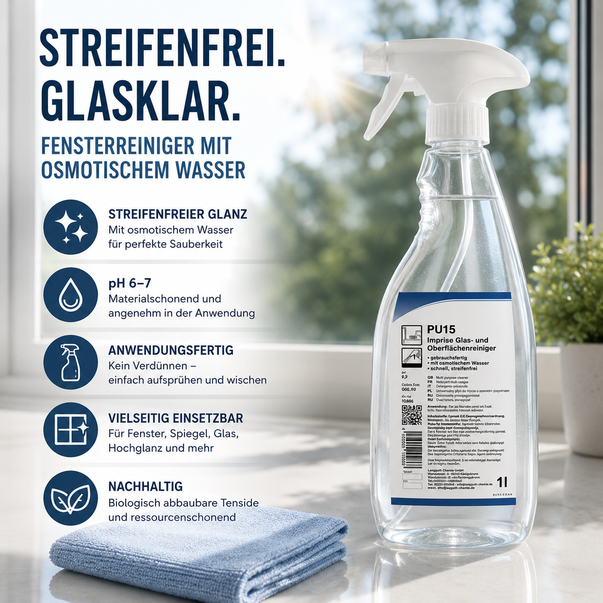 Fensterreiniger mit osmotischem Wasser in einer 1-Liter-Sprühflasche auf einer hellen Fensterbank. Daneben liegt ein blaues Mikrofasertuch. Die Grafik hebt die wichtigsten Vorteile hervor: streifenfreier Glanz, pH 6–7, anwendungsfertig, vielseitig einsetzbar und biologisch abbaubare Tenside. Im Hintergrund sorgt ein sonnendurchflutetes Fenster für einen sauberen, frischen Eindruck.