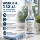 Fensterreiniger mit osmotischem Wasser in einer 1-Liter-Sprühflasche auf einer hellen Fensterbank. Daneben liegt ein blaues Mikrofasertuch. Die Grafik hebt die wichtigsten Vorteile hervor: streifenfreier Glanz, pH 6–7, anwendungsfertig, vielseitig einsetzbar und biologisch abbaubare Tenside. Im Hintergrund sorgt ein sonnendurchflutetes Fenster für einen sauberen, frischen Eindruck.