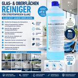 Produktbild des originalen Puricura Glas- und Oberflächenreinigers (1 Liter). Das Bild zeigt das unveränderte Originalprodukt mit den wichtigsten Vorteilen: streifenfreie Reinigung ohne Nachpolieren, pH 6–7, schnelle Trocknung ohne Rückstände, entfernt Fingerabdrücke, Fettfilme und Alltagsschmutz sowie geeignet für Glas, Spiegel, Chrom, Edelstahl, Kunststoff und Hochglanzoberflächen. Keine Gefahrstoffkennzeichnung und angenehmer, frischer Duft.