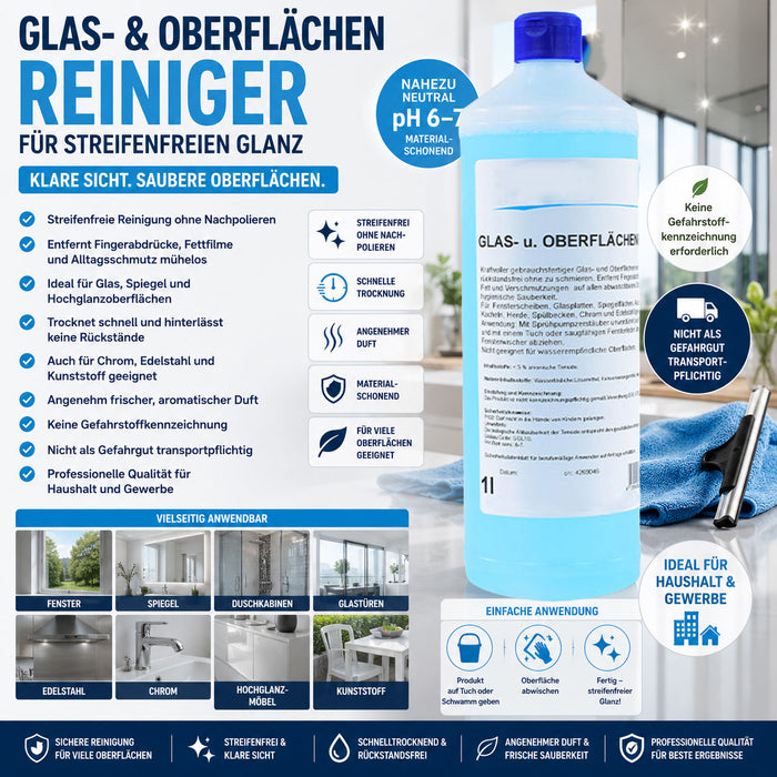 Produktbild des originalen Puricura Glas- und Oberflächenreinigers (1 Liter). Das Bild zeigt das unveränderte Originalprodukt mit den wichtigsten Vorteilen: streifenfreie Reinigung ohne Nachpolieren, pH 6–7, schnelle Trocknung ohne Rückstände, entfernt Fingerabdrücke, Fettfilme und Alltagsschmutz sowie geeignet für Glas, Spiegel, Chrom, Edelstahl, Kunststoff und Hochglanzoberflächen. Keine Gefahrstoffkennzeichnung und angenehmer, frischer Duft.