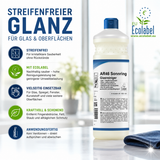 Glas- & Oberflächenreiniger mit Ecolabel (pH 9–10) in einer 1-Liter-Flasche. Das Werbebild zeigt den nachhaltigen Reiniger mit den wichtigsten Vorteilen: streifenfreie Reinigung, Ecolabel-Zertifizierung, anwendungsfertig, biologisch schnell abbaubare Inhaltsstoffe und vielseitig einsetzbar für Fenster, Spiegel, Glas und Oberflächen.
