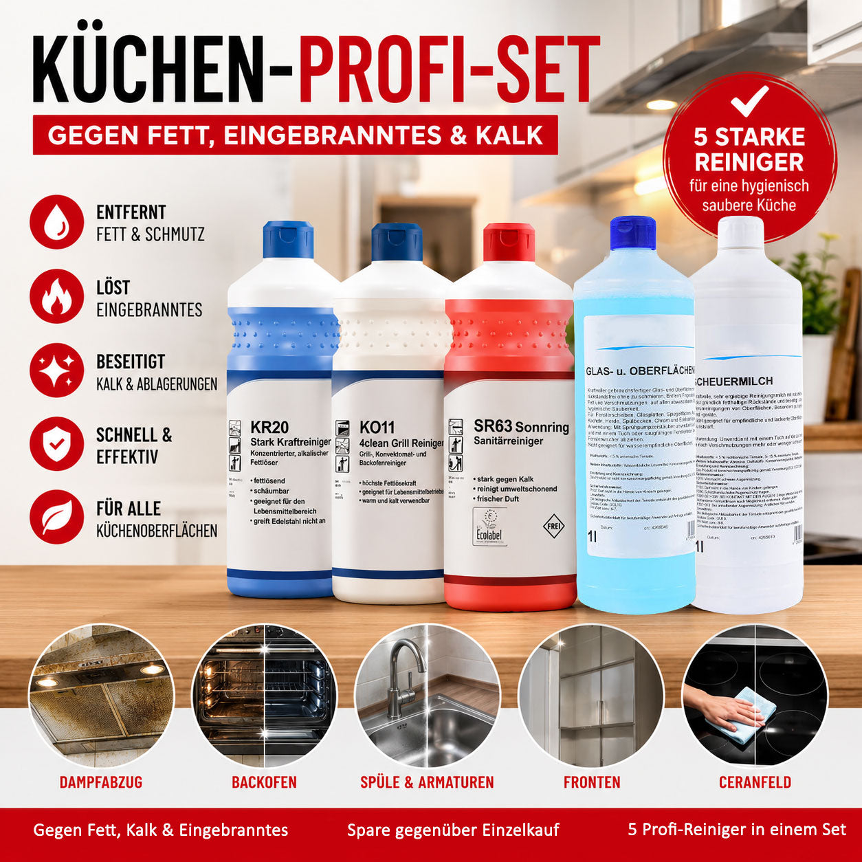 Puricura Küchen-Reinigungsset mit fünf Profi-Reinigern