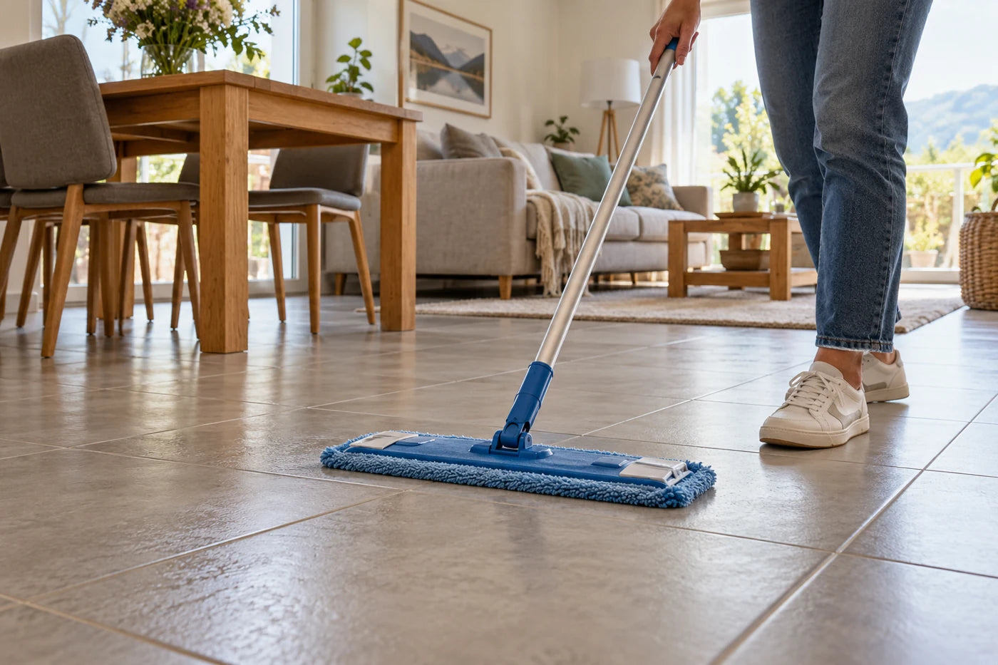 Anwendungsszene: einen geeigneten Fliesenboden mit einem manuellen Mopp nebelfeucht wischen