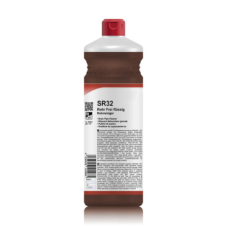 Rohrreiniger Extra Stark (pH >12–<14) in einer 1-Liter-Flasche. Hochalkalischer Profi-Rohrreiniger mit 30–50 % Natriumhydroxid zur schnellen Beseitigung von Verstopfungen durch Haare, Fett und organische Ablagerungen in Bad und Küche.