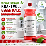 Sanitärreiniger Konzentrat mit Ecolabel (pH 2) für die umweltfreundliche Reinigung von Bad und Sanitäranlagen. Das Werbebild zeigt das 1-Liter-Konzentrat mit den wichtigsten Vorteilen wie Ecolabel-Zertifizierung, hohe Ergiebigkeit, kraftvolle Kalkentfernung und biologisch abbaubare Inhaltsstoffe.