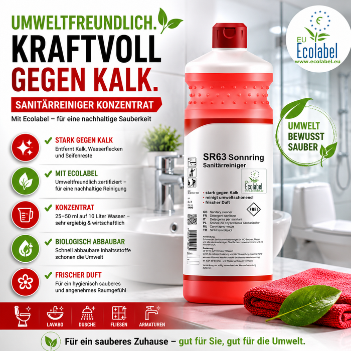 Sanitärreiniger Konzentrat mit Ecolabel (pH 2) für die umweltfreundliche Reinigung von Bad und Sanitäranlagen. Das Werbebild zeigt das 1-Liter-Konzentrat mit den wichtigsten Vorteilen wie Ecolabel-Zertifizierung, hohe Ergiebigkeit, kraftvolle Kalkentfernung und biologisch abbaubare Inhaltsstoffe.