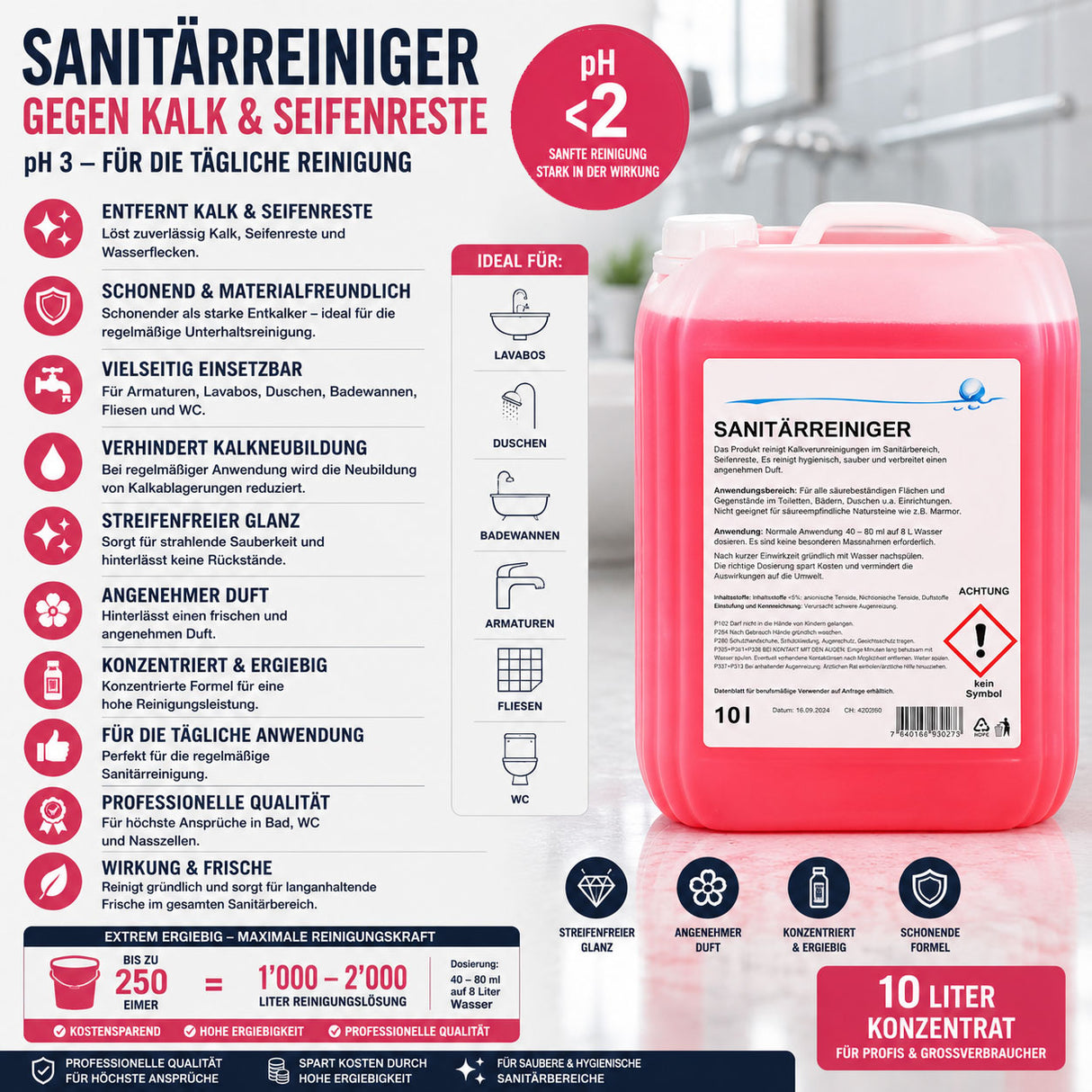 Sanitärreiniger, gegen Kalkverunreinigungen, Konzentrat, pH <2, 10 Liter