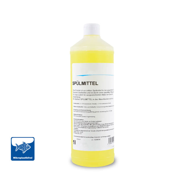 1-Liter-Flasche Spülmittel für die manuelle Reinigung von Geschirr, Gläsern und Besteck – starke Fettlösekraft und streifenfreie Ergebnisse.