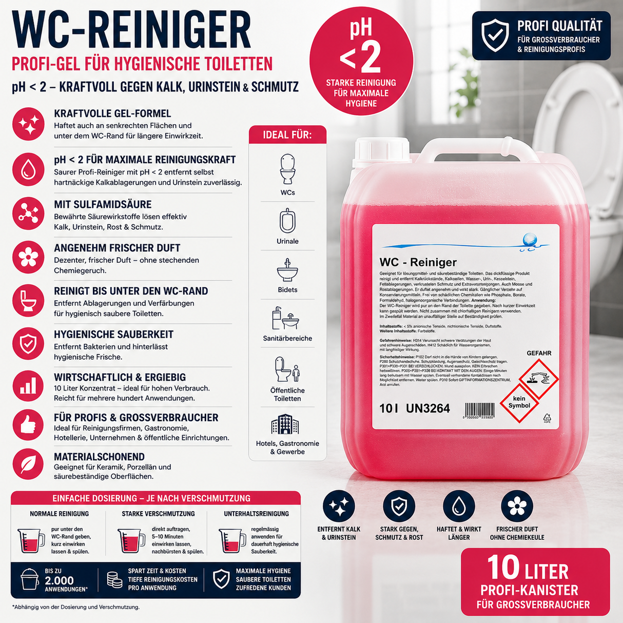 Produktbild des Puricura Urin- und Kalksteinentferners (10 Liter). Das Bild zeigt den Profi-Kanister mit den wichtigsten Vorteilen: pH <2 für maximale Kalklösekraft, Kombination aus Salzsäure und Phosphorsäure, entfernt hartnäckigen Urinstein, Kalkstein, Rost und mineralische Ablagerungen. Ideal für WCs, Urinale und Sanitäranlagen sowie für Reinigungsfirmen, Hauswartungen und Grossverbraucher. Enthält einen deutlichen Gefahrenhinweis und verweist auf die Sicherheitshinweise.