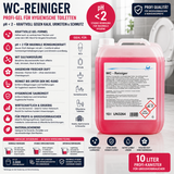 Produktbild des Puricura Urin- und Kalksteinentferners (10 Liter). Das Bild zeigt den Profi-Kanister mit den wichtigsten Vorteilen: pH <2 für maximale Kalklösekraft, Kombination aus Salzsäure und Phosphorsäure, entfernt hartnäckigen Urinstein, Kalkstein, Rost und mineralische Ablagerungen. Ideal für WCs, Urinale und Sanitäranlagen sowie für Reinigungsfirmen, Hauswartungen und Grossverbraucher. Enthält einen deutlichen Gefahrenhinweis und verweist auf die Sicherheitshinweise.